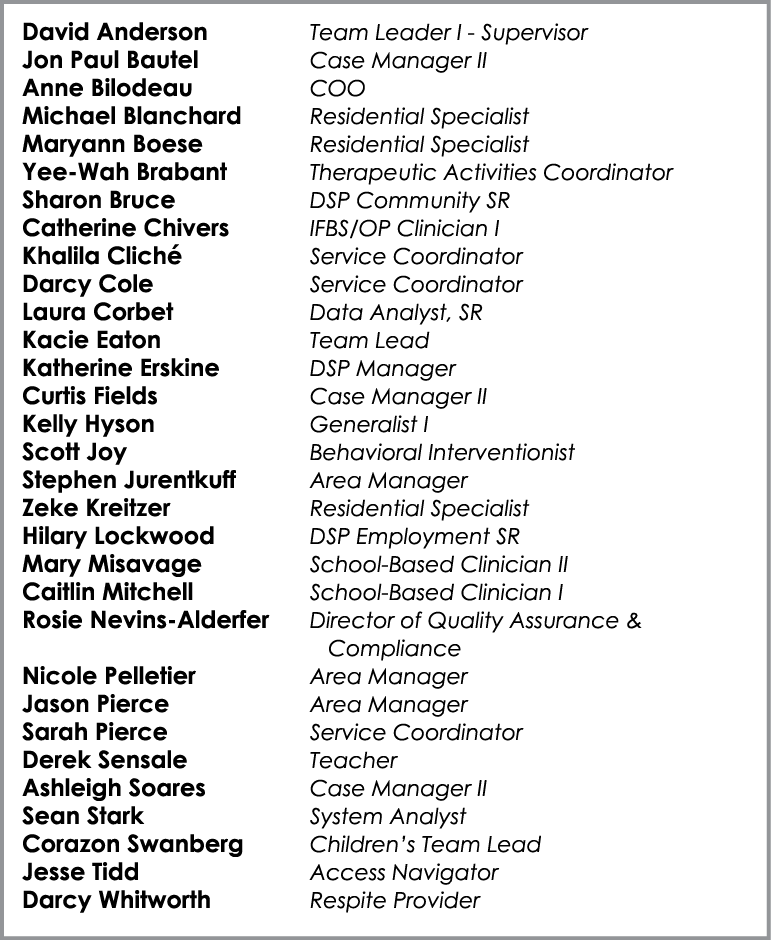 David Anderson Team Leader I Supervisor Jon Paul Bautel Case Manager II Anne Bilodeau COO Michael Blanchard Residenti...