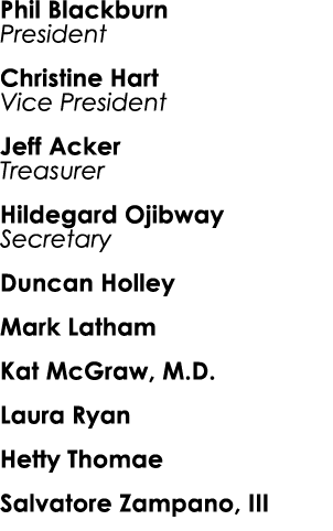Phil Blackburn President Christine Hart Vice President Jeff Acker Treasurer Hildegard Ojibway Secretary Duncan Holley...